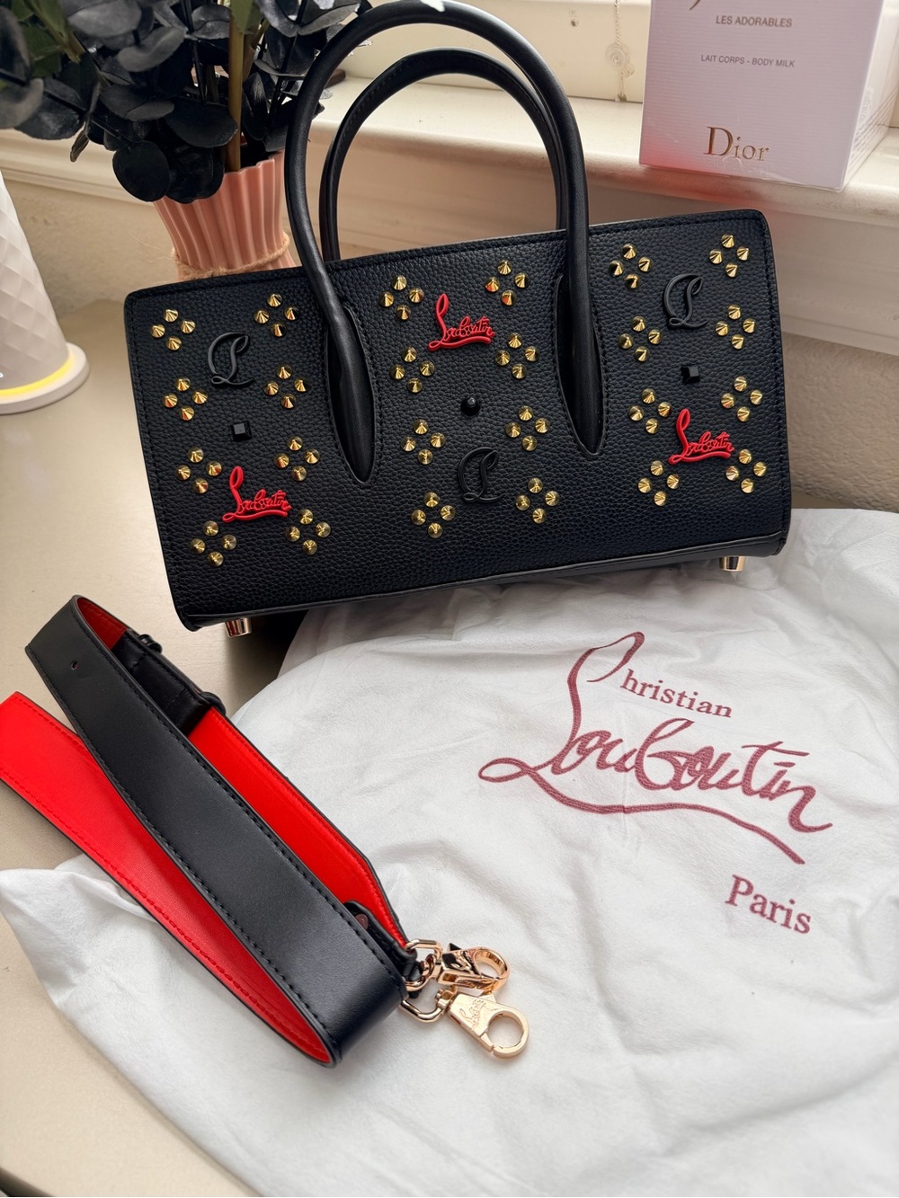 New Black Paloma mini bag Studded Leather Satchel with Red Accents